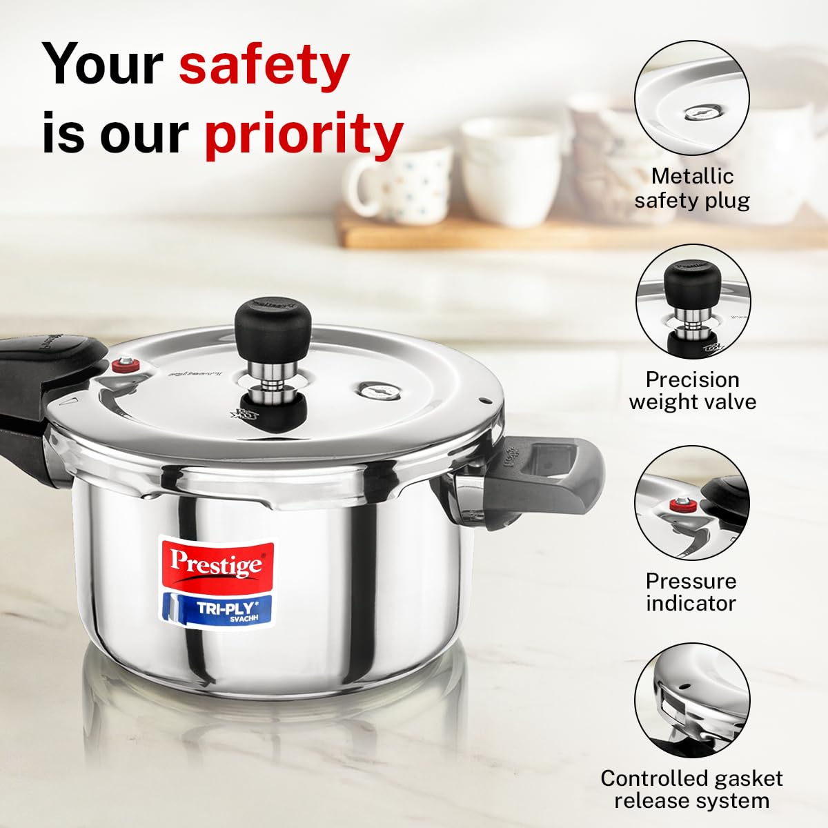 Prestige 3 Litre TRIPLY Svachh Outer Lid Pressure Cooker | Deep Lid for Spillage Control | Gas & Induction Compatible | Gasket Release System | Visual Pressure Indicator | 5Y Warranty
