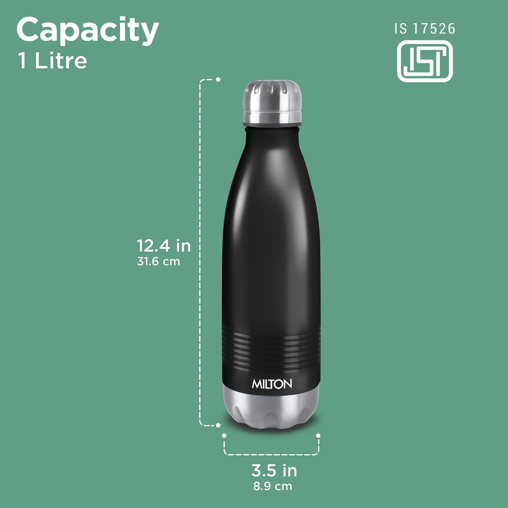 Milton Duo DLX 1000 Thermosteel Bottle, 1000 ml Water Bottles, 24 Hours Hot and Cold, Easy to Carry, Easy Grip, Rust Proof, Tea, Coffee, Office, Travel Bottle, Matt Black