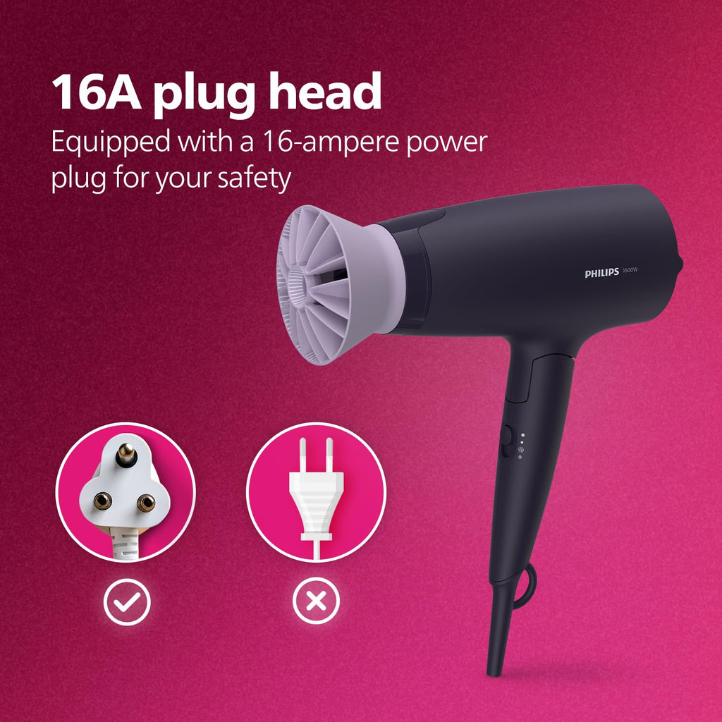 Philips Hair Dryer Powerful Drying with Less HeatIIonic Care for Smooth & Shiny HairI 3 Styling Options for Salon like BlowdryI 1600 WattsI Cool ShotI Men & WomenI 2 Year WarrantyI BHD318/00, Purple