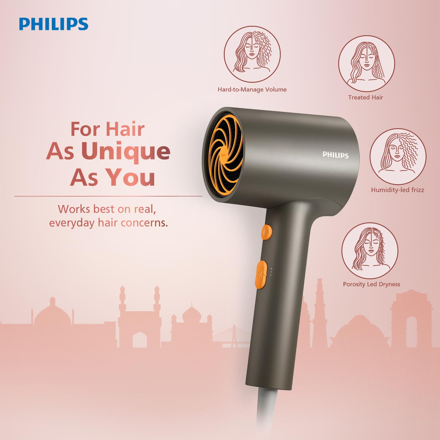 Philips India's No.1 Hair Styling Brand - Glass like Shine Hair Dryer | 1600W | 4 Heat x Speed Modes | 30M Negative ions | Travel-Friendly | For Indian Hair | Gifts for Men | BHD321