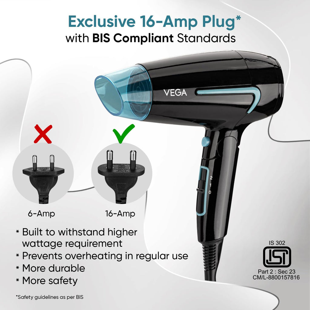 VEGA U Style 1400-1600W Foldable Hair Dryer for Women & Men with Cool Shot Button, 2 Speed/Heat Settings, Detachable Nozzle, Blow Dryer, 16 Amp Plug Fast Hair Drying, 2 Yrs Warranty (VHDH-24)