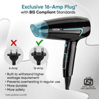 VEGA U Style 1400-1600W Foldable Hair Dryer for Women & Men with Cool Shot Button, 2 Speed/Heat Settings, Detachable Nozzle, Blow Dryer, 16 Amp Plug Fast Hair Drying, 2 Yrs Warranty (VHDH-24)