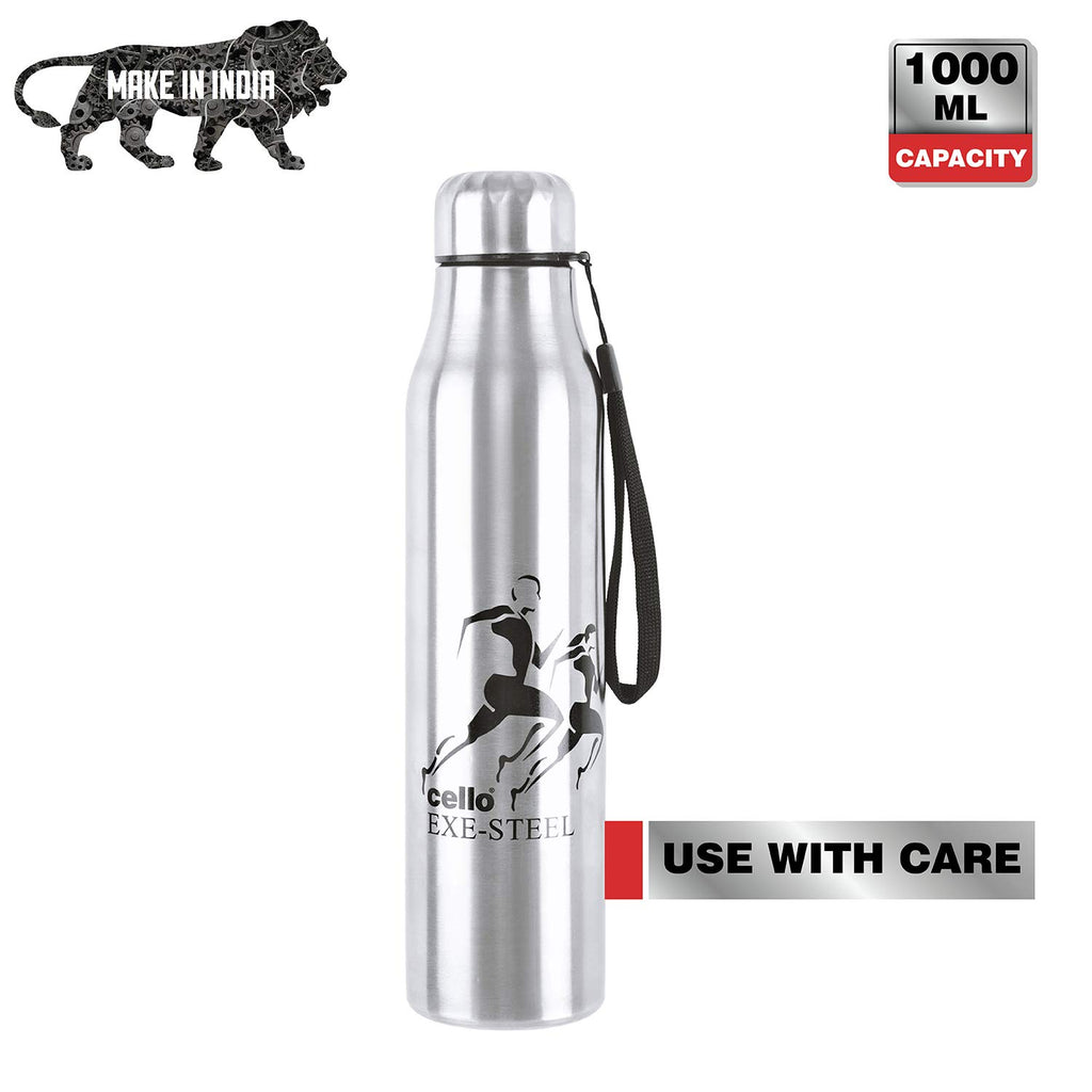 CELLO Goldie Stainless Steel Water Bottle 1000 ml, Silver | ISI Certified, Single Walled, Rust & Leakproof, Easy to Open & Pour Wide Mouth Steel Bottle | Perfect for School, College, Office, Travel