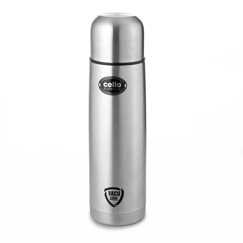 CELLO Swift Stainless Steel Hot and Cold Water Bottle 1000 ml Silver | ISI Certified Spillproof Leakproof Screw Lid Double Wall Vacuum Insulated Thermos Flask Water Bottle for Home Office Gym Travel