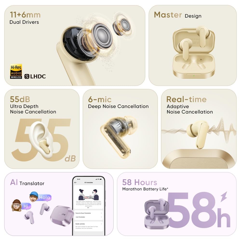 realme Buds Air 8,11mm+6mm Dual Dynamic Bass Drivers,58Hrs Playtime, 55dB ANC,6 Mic ENC, 45ms Low Latency, 360° Spatial Audio, Hi-Res LHDC, IP55 Dust & Water Resistant, BT v5.4 (Master Gold)