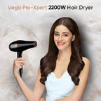 Vega Pro-Xpert 2200W Professional Hair Dryer for Women with 2 Speed/3 Heat Settings, Cool Shot Button, Diffuser & 2 Detachable Nozzles, Travel Friendly, (VHDP-03), 2000 Watts, Black