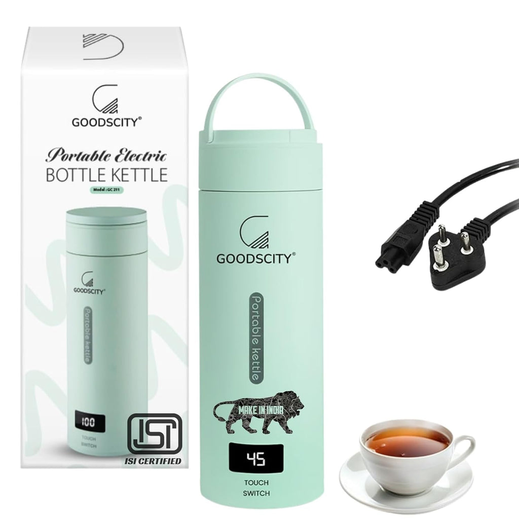 Goodscity Portable Electric Kettle Travel Water Bottle For Boiling Hot Water Milk With Cool Touch Exterior, Auto Shut Off, 300W fast Heating, Leakproof, 1 Touch Screen, 500 Ml, Green, 1 year Warranty