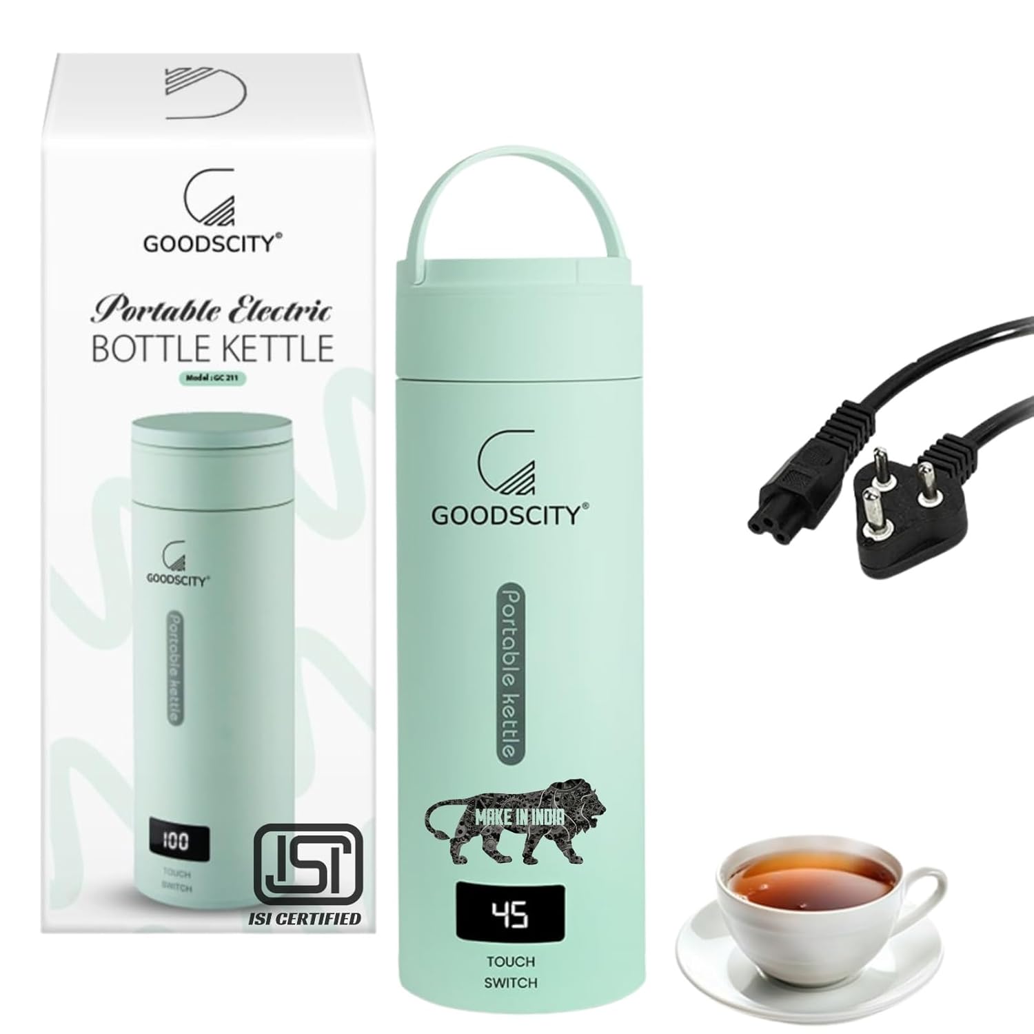 Goodscity Portable Electric Kettle Travel Water Bottle For Boiling Hot Water Milk With Cool Touch Exterior, Auto Shut Off, 300W fast Heating, Leakproof, 1 Touch Screen, 500 Ml, Green, 1 year Warranty