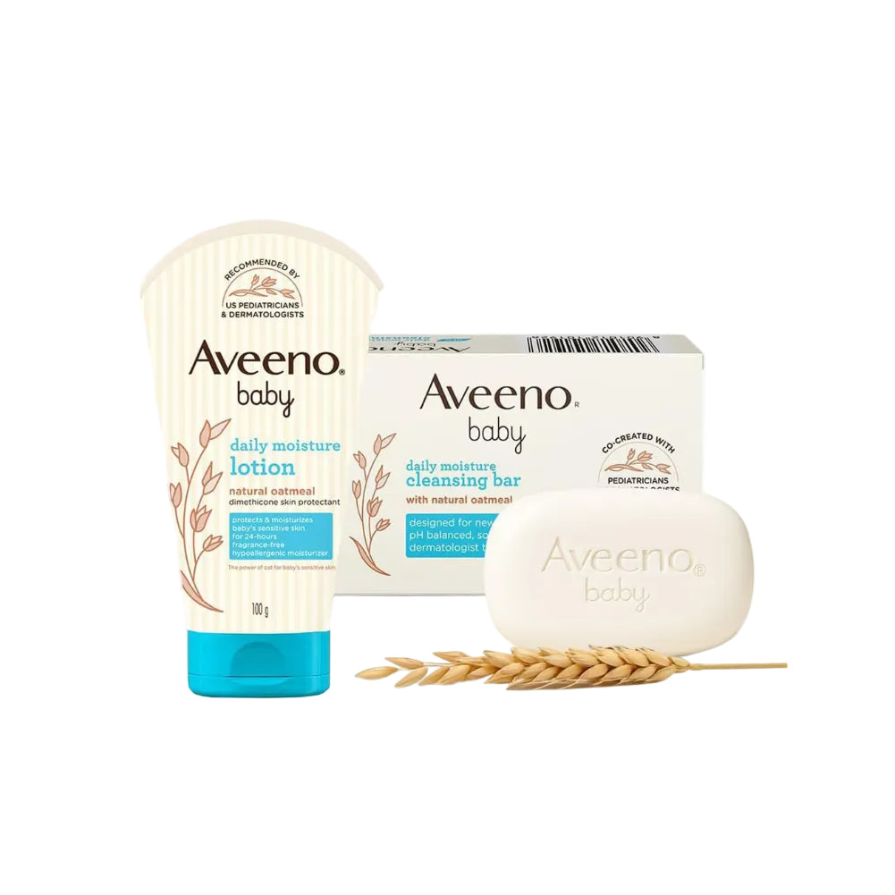 Aveeno Baby Daily Moisturising Lotion for Delicate Skin 100g & Aveeno Baby Daily Moisture Cleansing Bar 75g | Natural Oatmeal | Gently Cleanses, Protects & Moisturises Baby's Sensitive Skin | Hypoallergenic, US Pediatrician Recommended