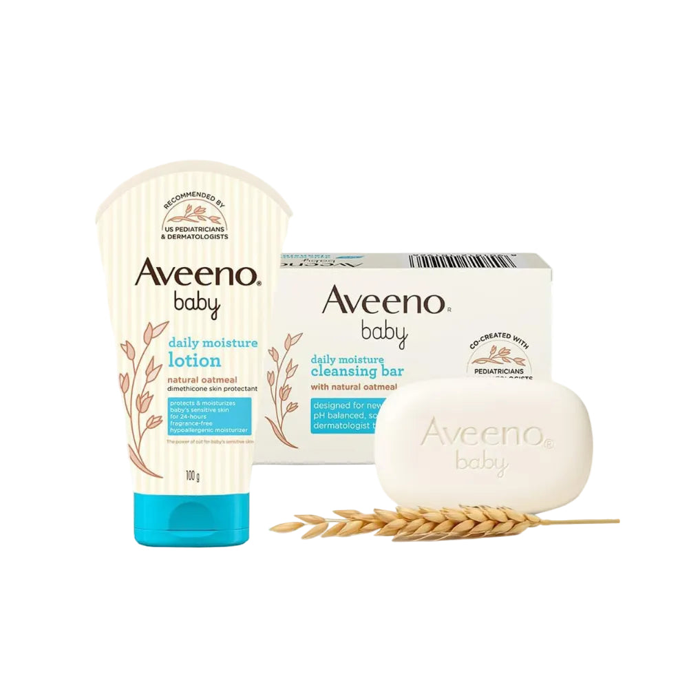 Combo pack Aveeno Baby Daily Moisture Lotion (227g) + Wash and Shampoo (100ml) | With natural oat extract | Hypoallergenic, pediatrician recommended | Cleanses, nourishes, soothes & protects baby's sensitive skin
