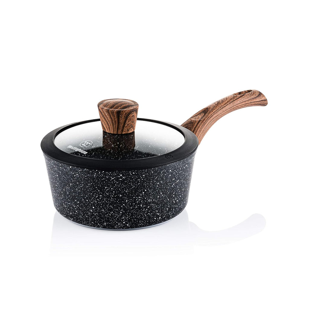 Westinghouse Black Marble Series Saucepan 18 cm with Glass Lid, 3-Layer Marble Non-Stick Coating, Made of Forged Aluminium, Riveted Handles with Silicone Coating in Wood Look, Dishwasher Safe, Black