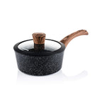 Westinghouse Black Marble Series Saucepan 18 cm with Glass Lid, 3-Layer Marble Non-Stick Coating, Made of Forged Aluminium, Riveted Handles with Silicone Coating in Wood Look, Dishwasher Safe, Black