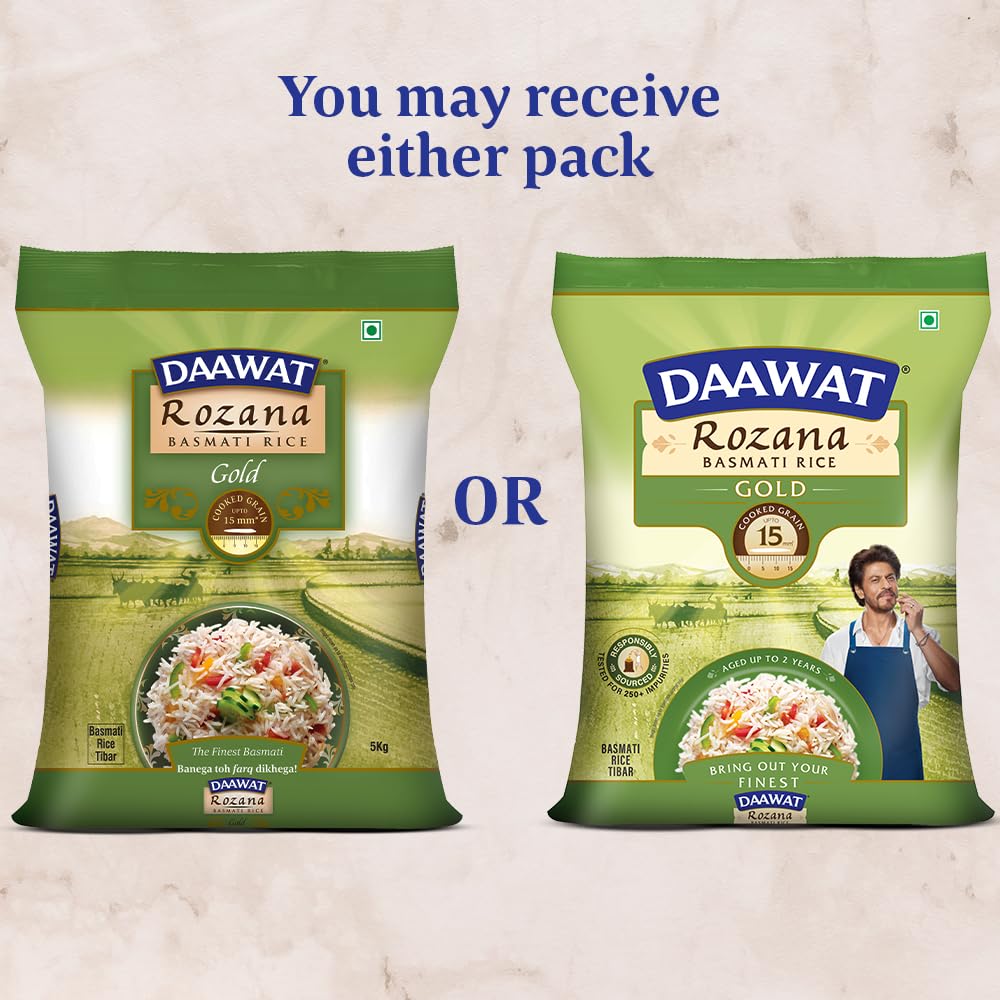Daawat Rozana Gold Basmati Rice 5Kg| For Everyday Consumption| Cooked Grain Upto 15mm*| Naturally Aged