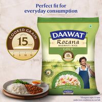 Daawat Rozana Gold Basmati Rice 5Kg| For Everyday Consumption| Cooked Grain Upto 15mm*| Naturally Aged