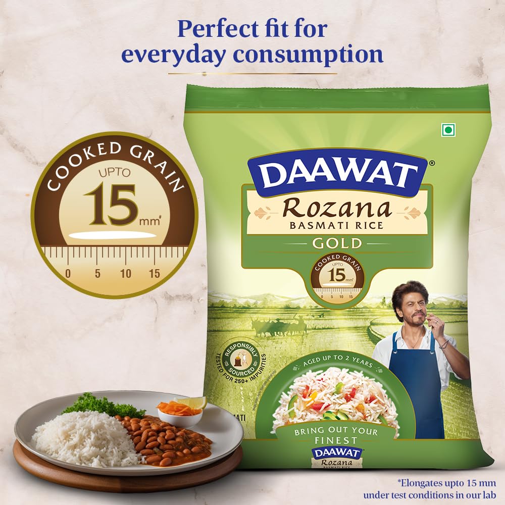 Daawat Rozana Gold Basmati Rice 5Kg| For Everyday Consumption| Cooked Grain Upto 15mm*| Naturally Aged
