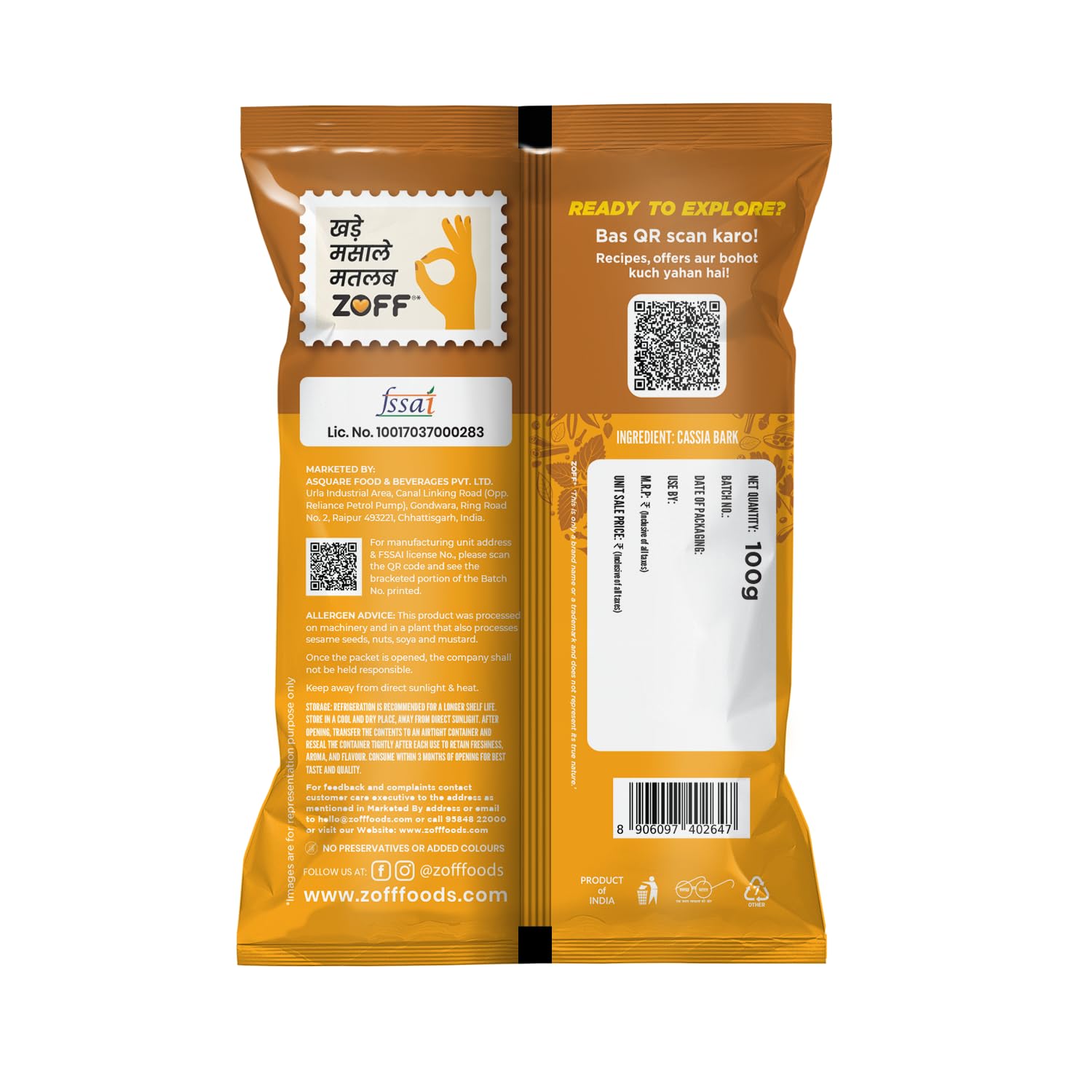 Zoff Cassia Bark - Dalchini Cinnamon Stick - Dal Chini for Authentic Flavour, Aromatic Warmth - Net Weight 100 g