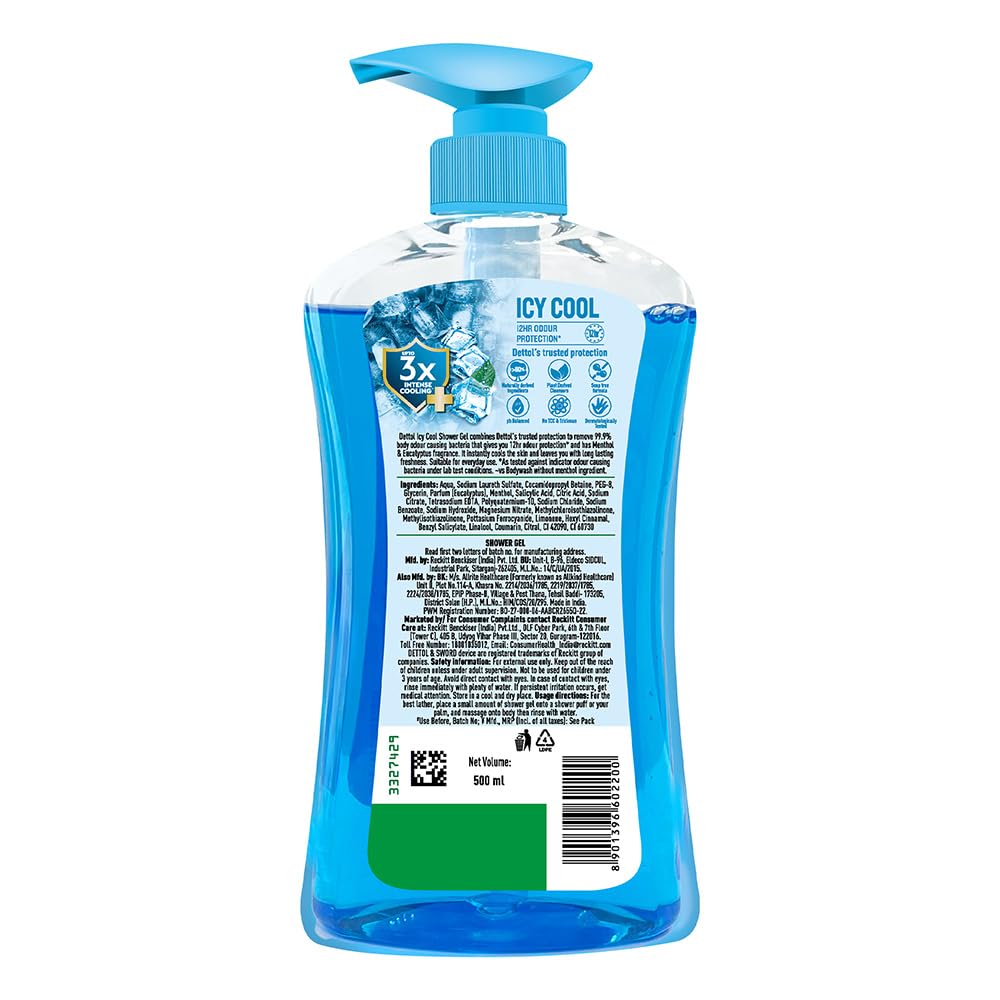 Dettol Icy Cool Body Wash and Shower Gel Pump for Men | Goodness of Salicylic Acid | Menthol Freshness | 500ml