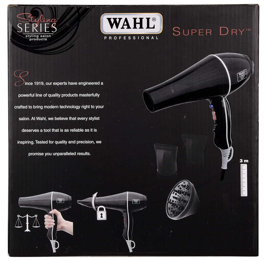 WAHL 5439-024 Super Dry Professional 2000 Watts Ionic Hair Dryer with Tourmaline Technology, 3 Heat Settings & 2 Speed Settings & Cool Shot Button - Black