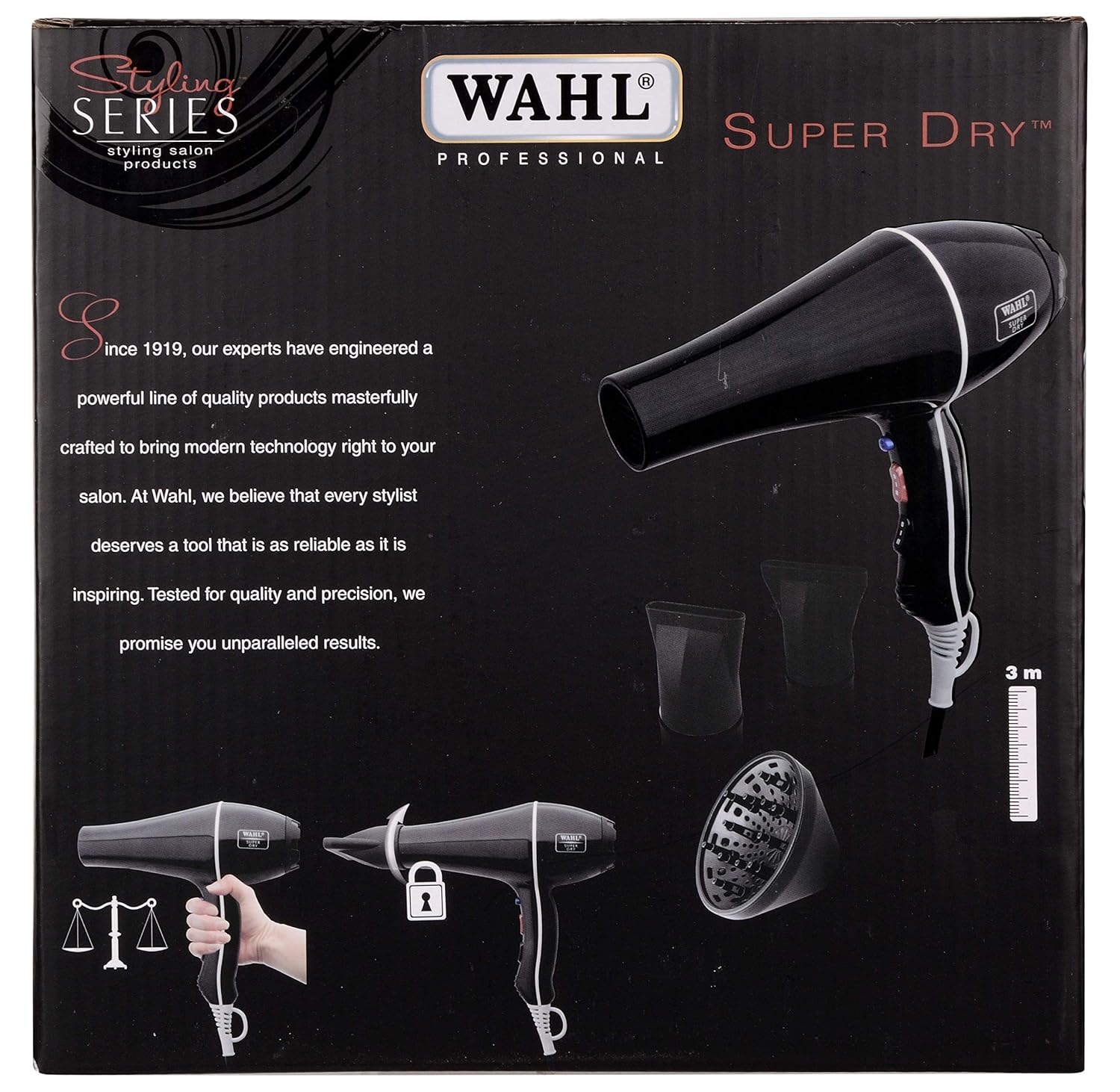 WAHL 5439-024 Super Dry Professional 2000 Watts Ionic Hair Dryer with Tourmaline Technology, 3 Heat Settings & 2 Speed Settings & Cool Shot Button - Black