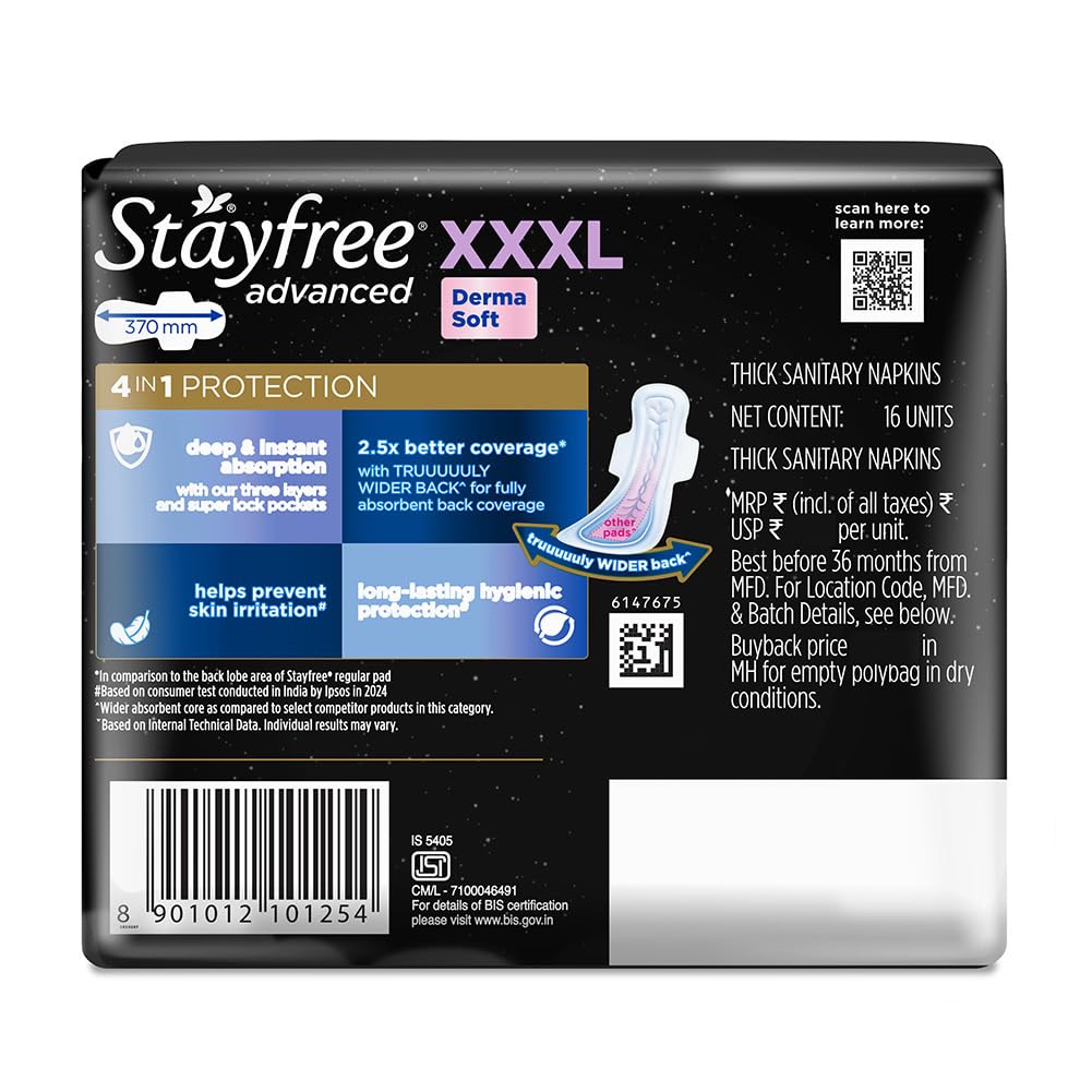 Stayfree Advanced XXXL Thin Sanitary Pads for Women | 16 Soft Cotton Pads for All Night Ultra Comfort