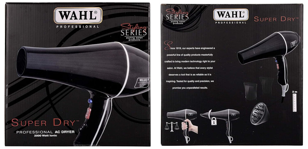 WAHL 5439-024 Super Dry Professional 2000 Watts Ionic Hair Dryer with Tourmaline Technology, 3 Heat Settings & 2 Speed Settings & Cool Shot Button - Black