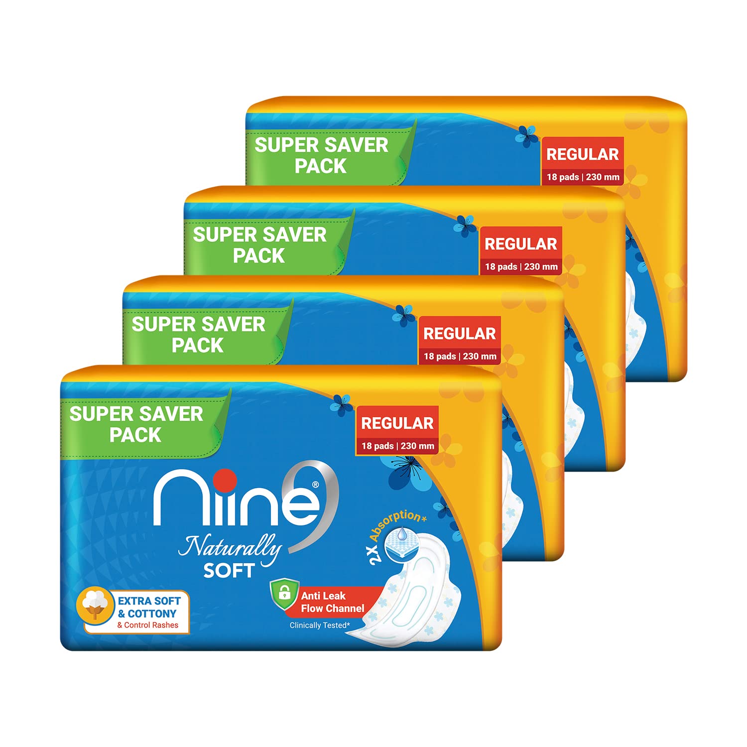 NIINE Naturally Soft Regular Sanitary Napkins for women|230mm Long| Extra Soft & Cottony for Rash Control|2x Absorption|Anti-Leak Lock Protection |Super Saver Pack|(Pack of 4) 72 Pads
