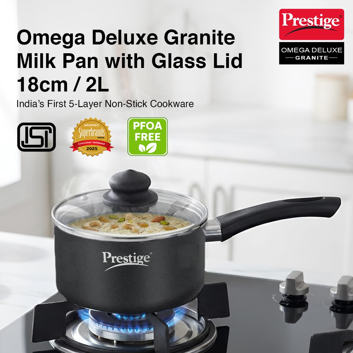 Prestige Omega Deluxe Granite Milk Pan 18 Cm with Lid, 2.25 L (Aluminium),Non-Stick, 2.25 Liter