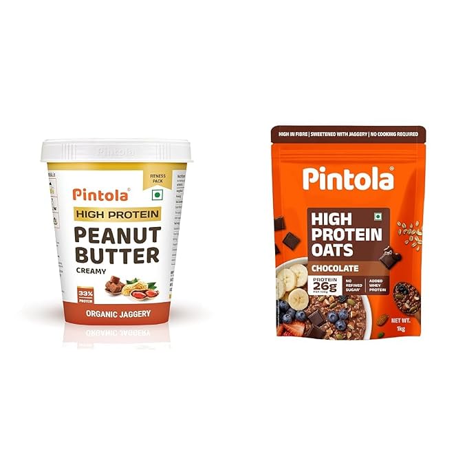 Pintola HIGH Protein ORGANIC JAGGERY Peanut Butter Creamy 1kg with 33g Protein & 7g Fiber, Whey + PINTOLA 25g High Protein Oats 1kg, Dark Chocolate,No Refined Sugar, with Almonds Raisin, Pumpkin