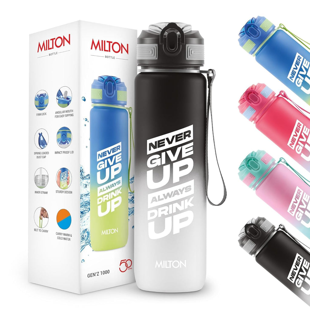 MILTON Gen'Z Water Bottle 1 ltr (Stay Strong), Motivational Water Bottles With Leak Proof Flip-Top Cap & Capacity Mark, Gym Bottle Sipper Water Bottle For Adults, Plastic, Black