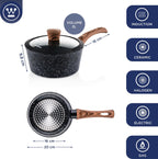 Westinghouse Black Marble Series Non Stick Saucepan 20 cm with Glass Lid,3-Layer Marble Coating,Forged Aluminium,Riveted Handles with Silicone Coating in Wood Look,Dishwasher Safe,Black,2.4 Liters
