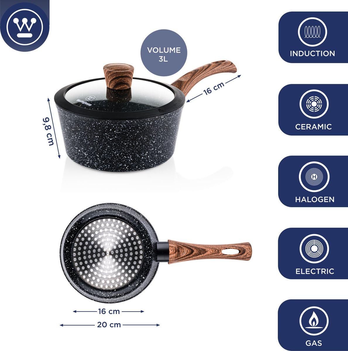 Westinghouse Black Marble Series Non Stick Saucepan 20 cm with Glass Lid,3-Layer Marble Coating,Forged Aluminium,Riveted Handles with Silicone Coating in Wood Look,Dishwasher Safe,Black,2.4 Liters