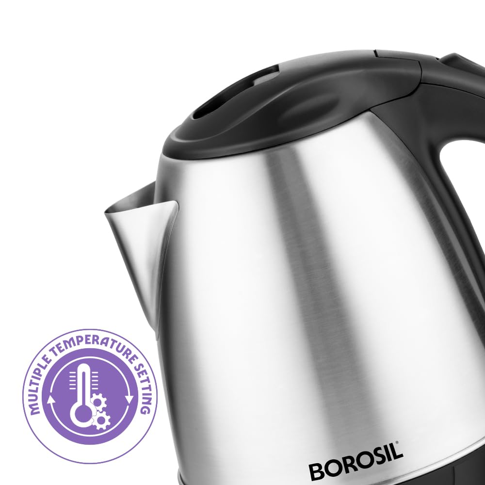 Borosil 1.5L Boiluxe Variable Temperature Stainless Steel Electric Kettle | Made in India | Cool Touch Handle | 360° Rotating Base | Auto Cut-Off | Dry Boil Protection | 1 Year Warranty