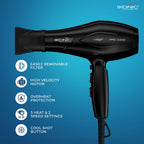 Ikonic Professional Pro 2400 Hair Dryer For Women & Men, 2200W High-Power Ac Motor, Ionic Hair Dryer With 3 Heat & 2 Speed Settings, Cool Shot, 2 Concentrator Nozzles, Fast Drying, Frizz Control, Black