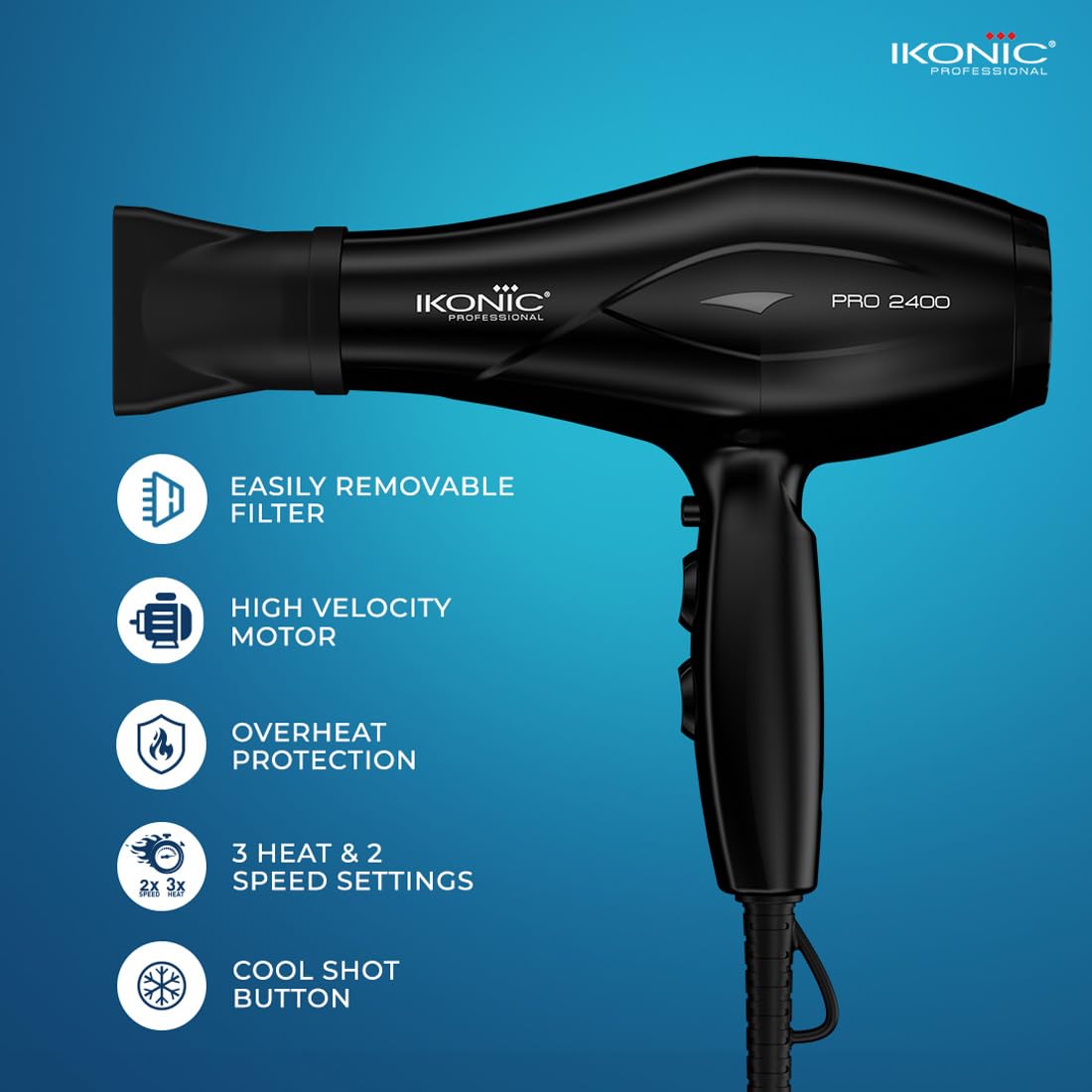 Ikonic Professional Pro 2400 Hair Dryer For Women & Men, 2200W High-Power Ac Motor, Ionic Hair Dryer With 3 Heat & 2 Speed Settings, Cool Shot, 2 Concentrator Nozzles, Fast Drying, Frizz Control, Black