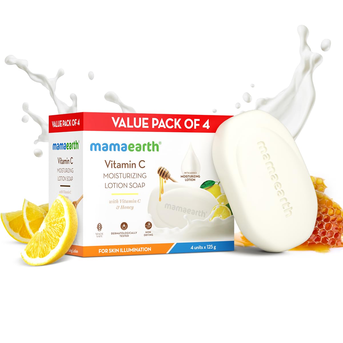 Mamaearth Vitamin C Moisturizing Lotion Soap(Value Pack of 4) - 125 g X 4 Units | Deeply Cleanses | Moisturizing Bathing Bar | Brightens Skin | Nourishes Dry Skin | Non-Drying | 76% TFM Grade 1 Soap