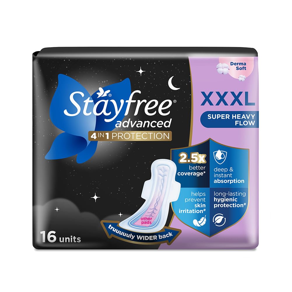 Stayfree Advanced XXXL Thin Sanitary Pads for Women | 16 Soft Cotton Pads for All Night Ultra Comfort