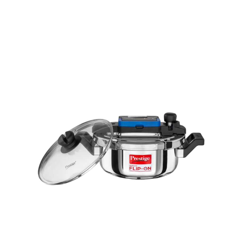 Prestige 3Litre Stainless Steel Flip On Pressure Cooker with Glass Lid|Deep lid for spillage control|Innovative Lock Lid with single hand operation|Gas & Induction Compatible|5Y warranty|ISI Certified