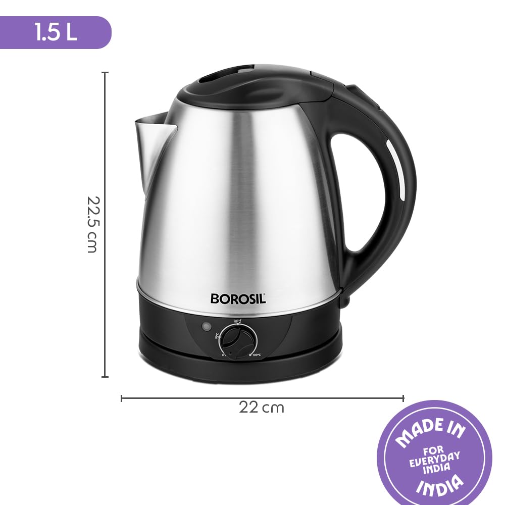 Borosil 1.5L Boiluxe Variable Temperature Stainless Steel Electric Kettle | Made in India | Cool Touch Handle | 360° Rotating Base | Auto Cut-Off | Dry Boil Protection | 1 Year Warranty