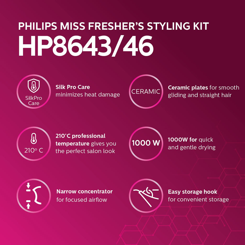 Philips India's No.1 Hair Styling Brand | Hair Dryer & Straightener | Combo Kit | Blow Dry for Men & Women | Minimized Damage | Designed for Indian Hair, HP8643