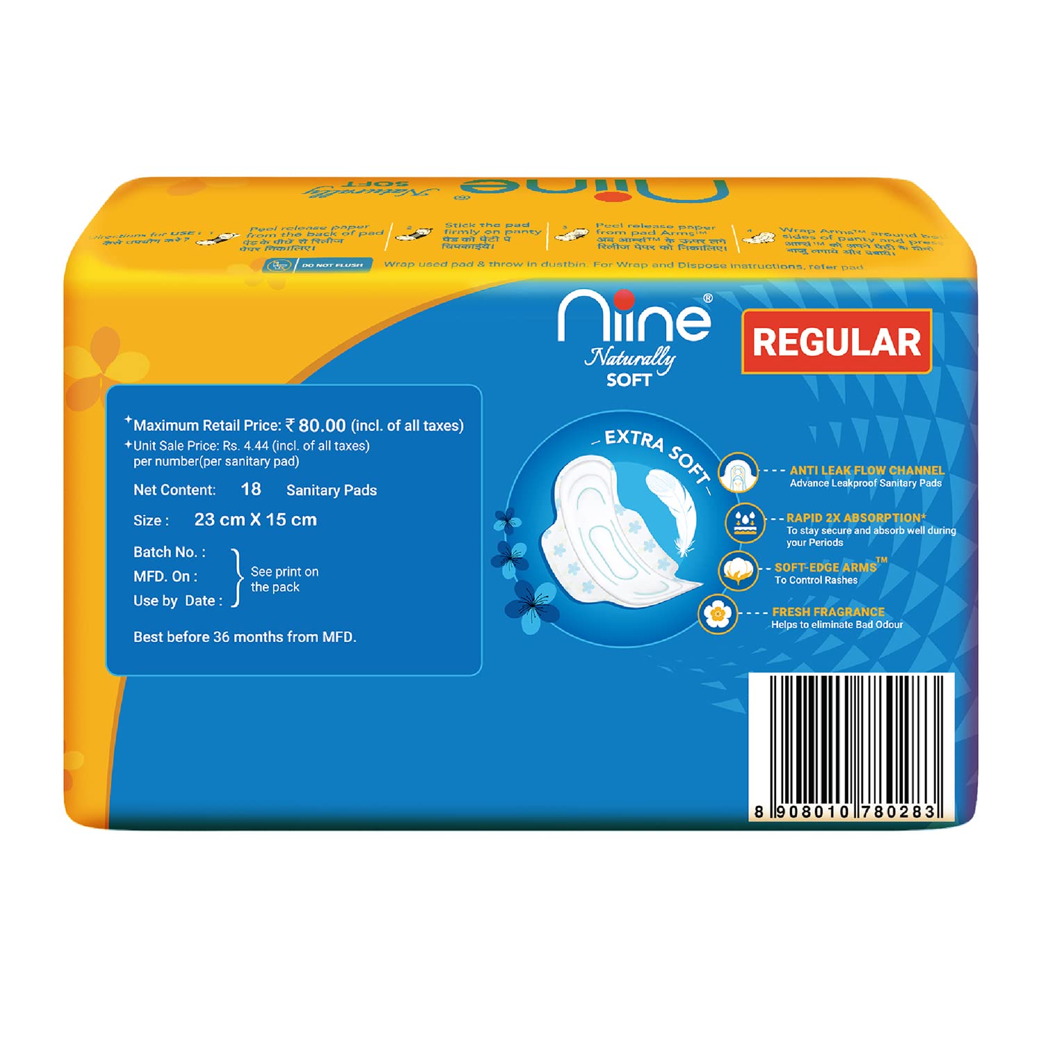 NIINE Naturally Soft Regular Sanitary Napkins for women|230mm Long| Extra Soft & Cottony for Rash Control|2x Absorption|Anti-Leak Lock Protection |Super Saver Pack|(Pack of 4) 72 Pads