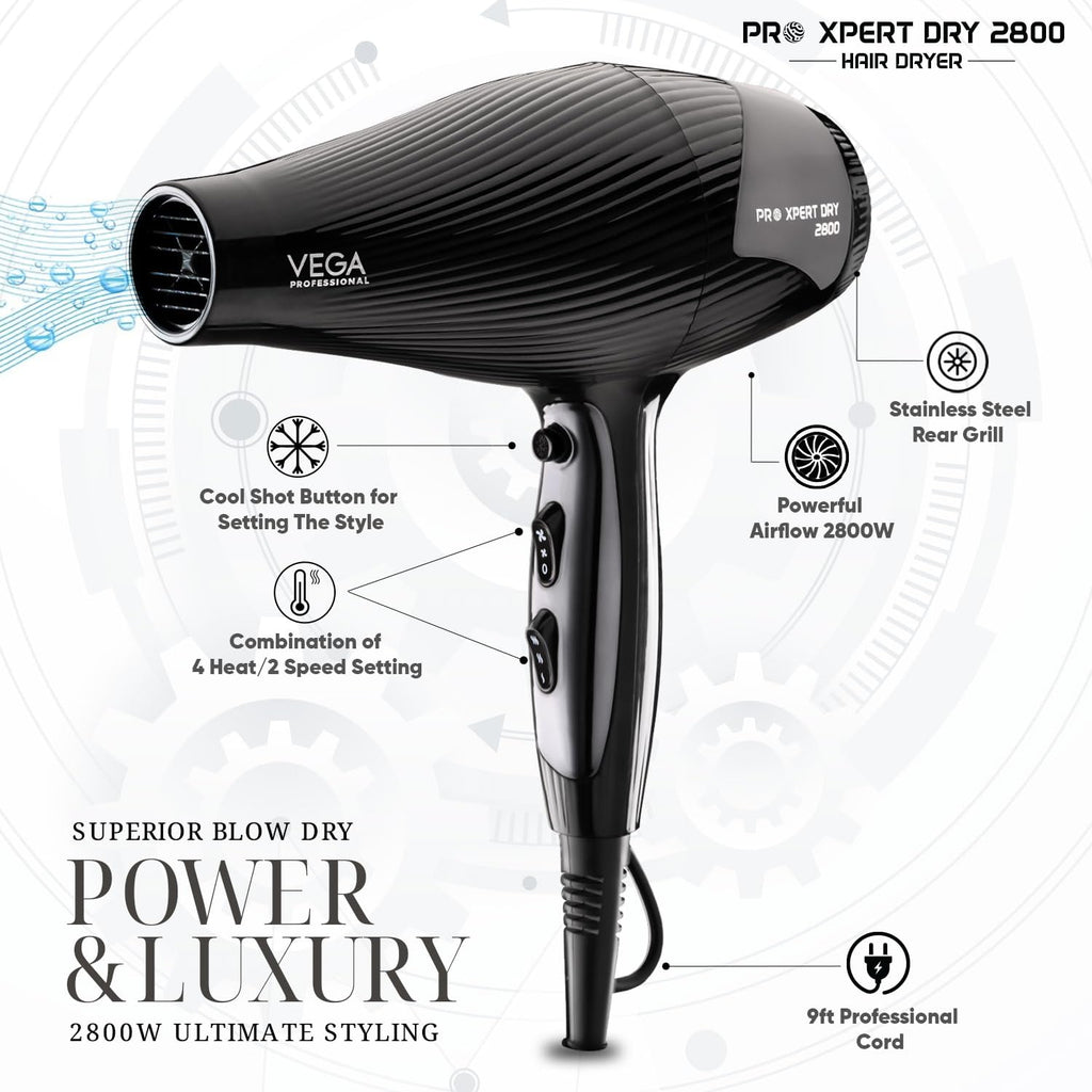 VEGA PROFESSIONAL Pro Xpert Dry 2800W Hair Dryer for Women & Men | Professional Blow Dryer with Combination of 4 Heat & 2 Speed Settings & Cool Shot Button, 16 Amp Plug | Salon Hair Styling (VPPHD-10)