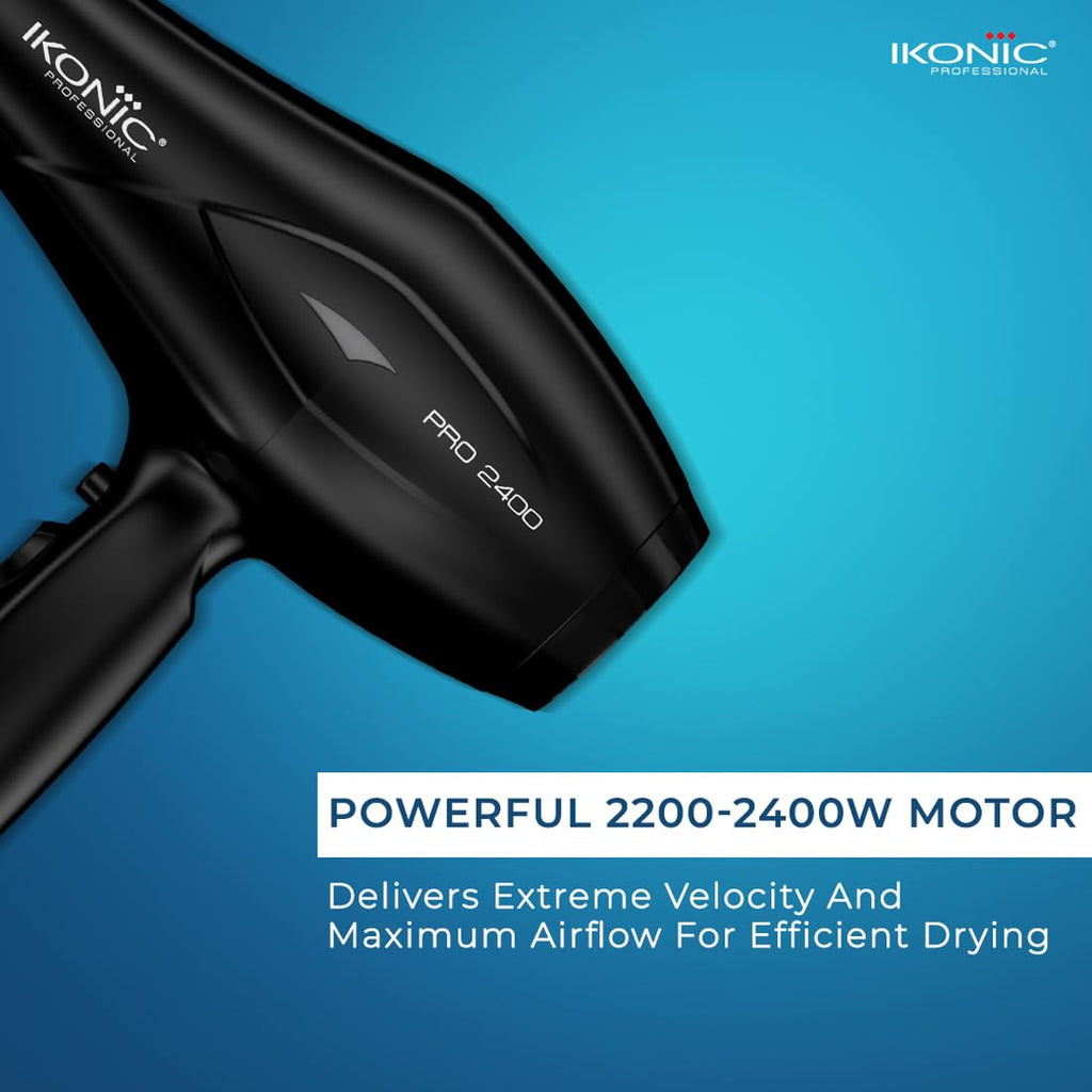 Ikonic Professional Pro 2400 Hair Dryer For Women & Men, 2200W High-Power Ac Motor, Ionic Hair Dryer With 3 Heat & 2 Speed Settings, Cool Shot, 2 Concentrator Nozzles, Fast Drying, Frizz Control, Black