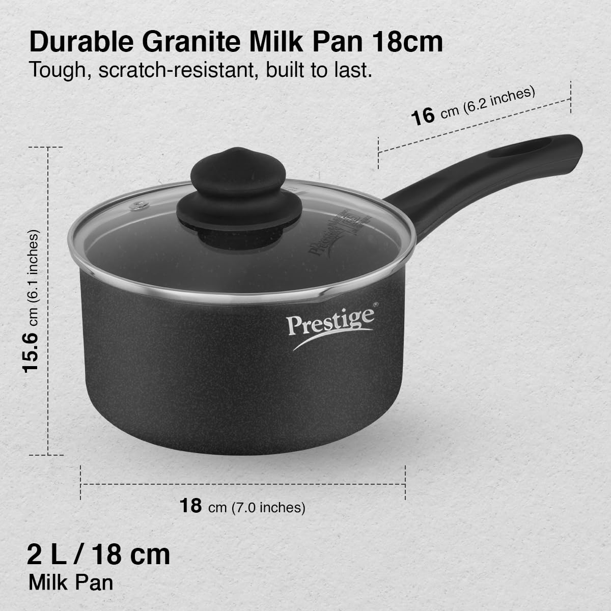 Prestige Omega Deluxe Granite Milk Pan 18 Cm with Lid, 2.25 L (Aluminium),Non-Stick, 2.25 Liter
