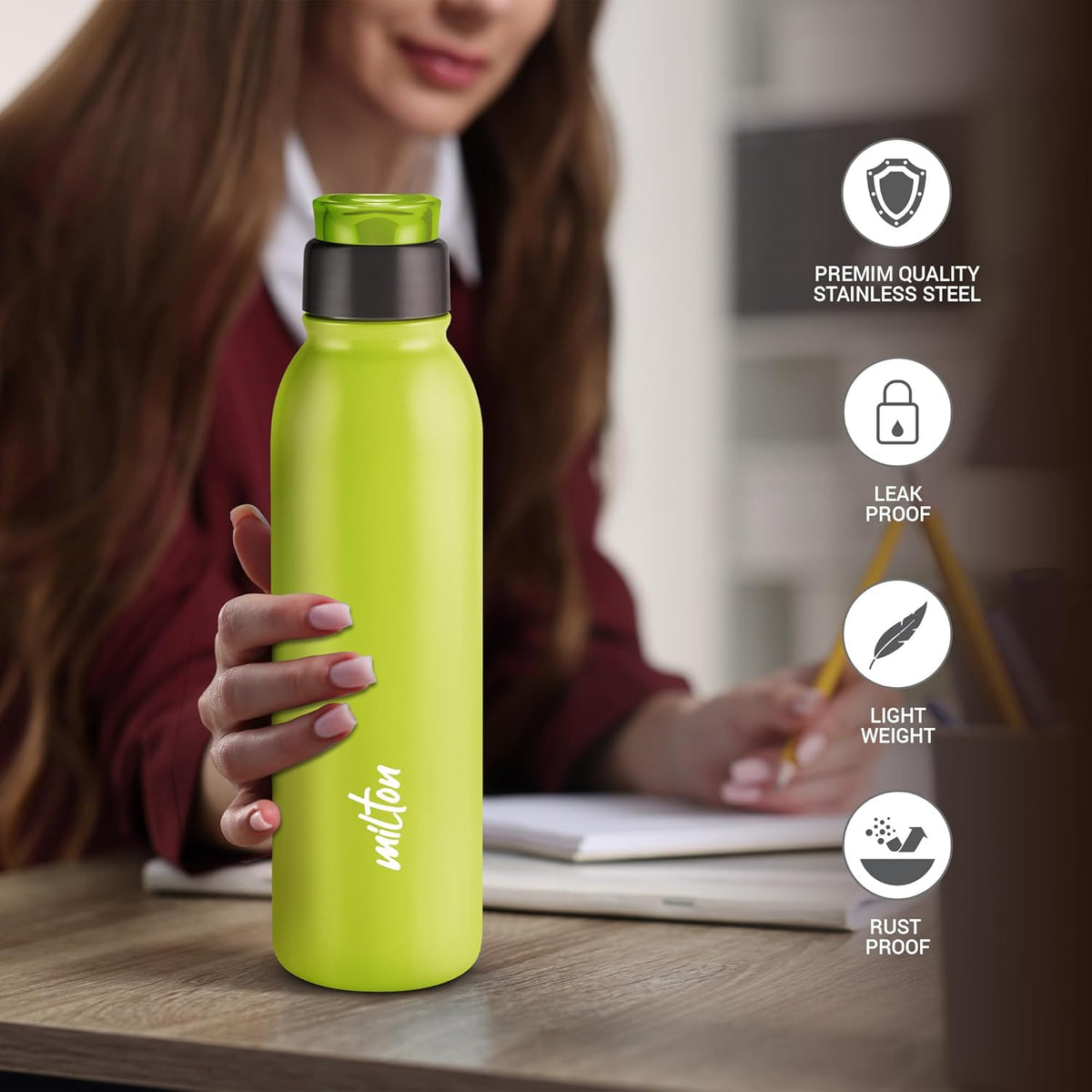 MILTON Caper 1000 Stainless Steel Water Bottle 870 ml, Single Walled, ISI Certified I Leak Proof Lid, Rust Proof I For School, Office, Gym I Neon Green