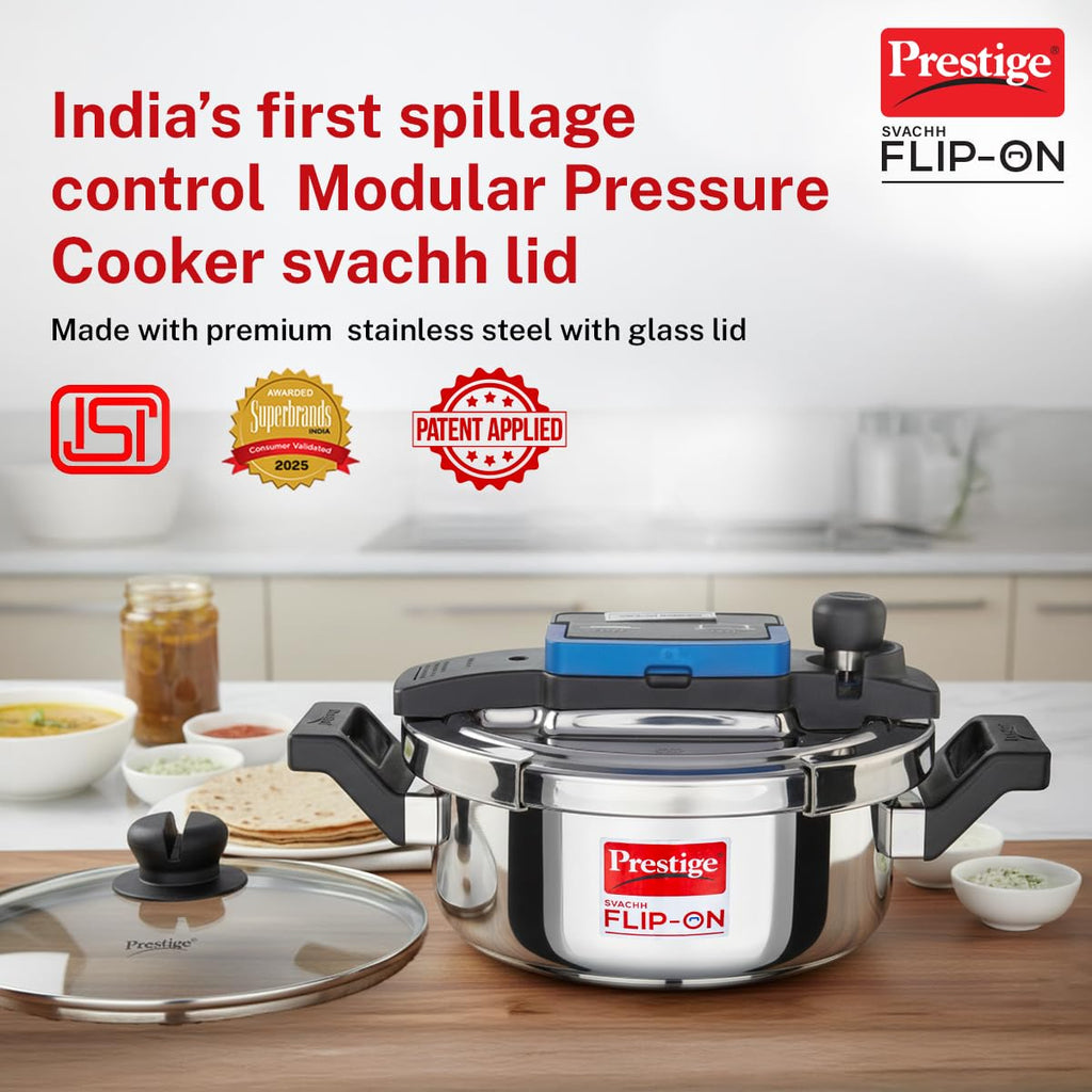 Prestige 3Litre Stainless Steel Flip On Pressure Cooker with Glass Lid|Deep lid for spillage control|Innovative Lock Lid with single hand operation|Gas & Induction Compatible|5Y warranty|ISI Certified