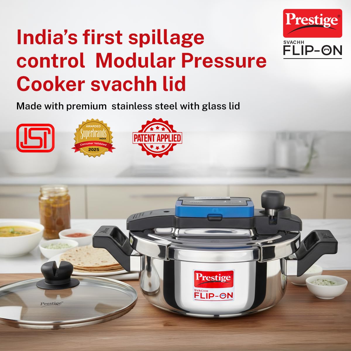 Prestige 3Litre Stainless Steel Flip On Pressure Cooker with Glass Lid|Deep lid for spillage control|Innovative Lock Lid with single hand operation|Gas & Induction Compatible|5Y warranty|ISI Certified