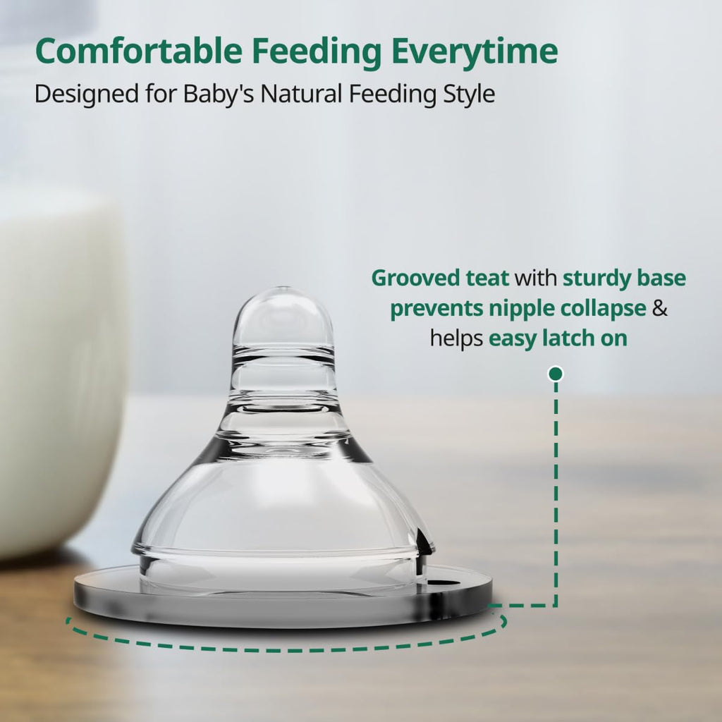 LuvLap Anti-Colic Natura Flo Teat/Nipple for Wide Neck Bottle,2Pcs Medium Flow, 3M+, Made of Soft & Flexible Silicone, Mimics Breastfeeding, Leak Proof, Bpa Free, Comes with Sturdy Base