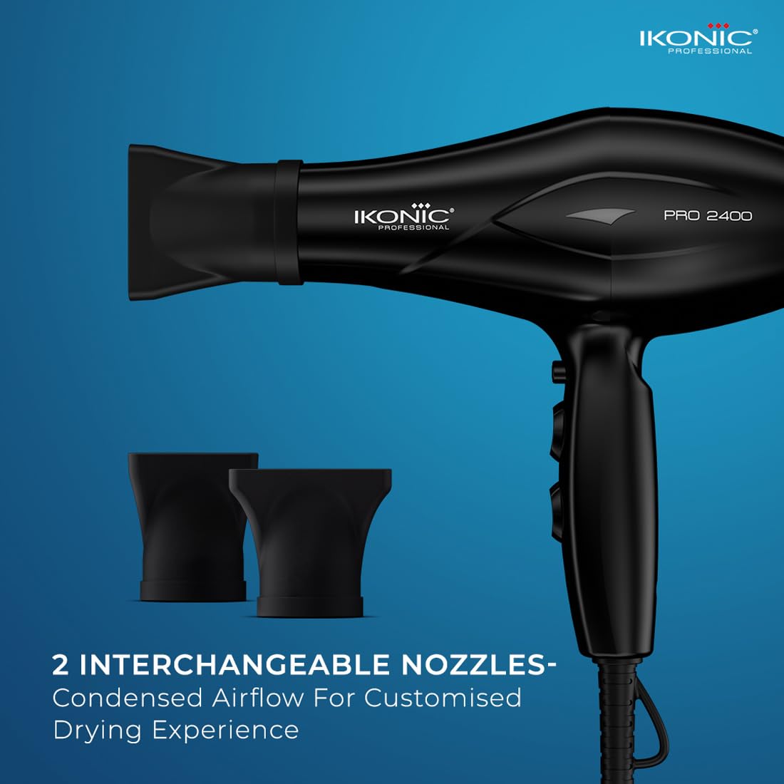 Ikonic Professional Pro 2400 Hair Dryer For Women & Men, 2200W High-Power Ac Motor, Ionic Hair Dryer With 3 Heat & 2 Speed Settings, Cool Shot, 2 Concentrator Nozzles, Fast Drying, Frizz Control, Black