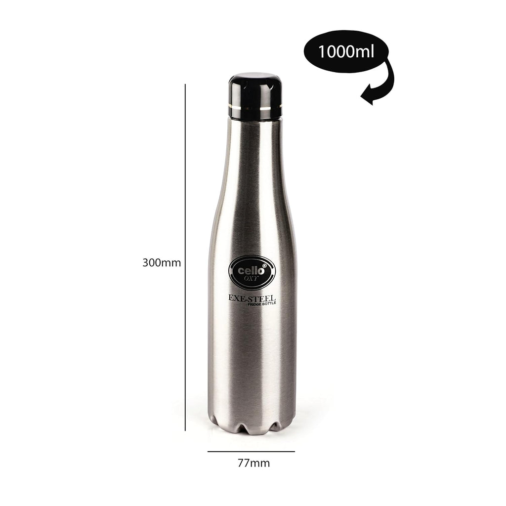 Cello OXY Stainless Steel Bottle, 1 Liter, Silver