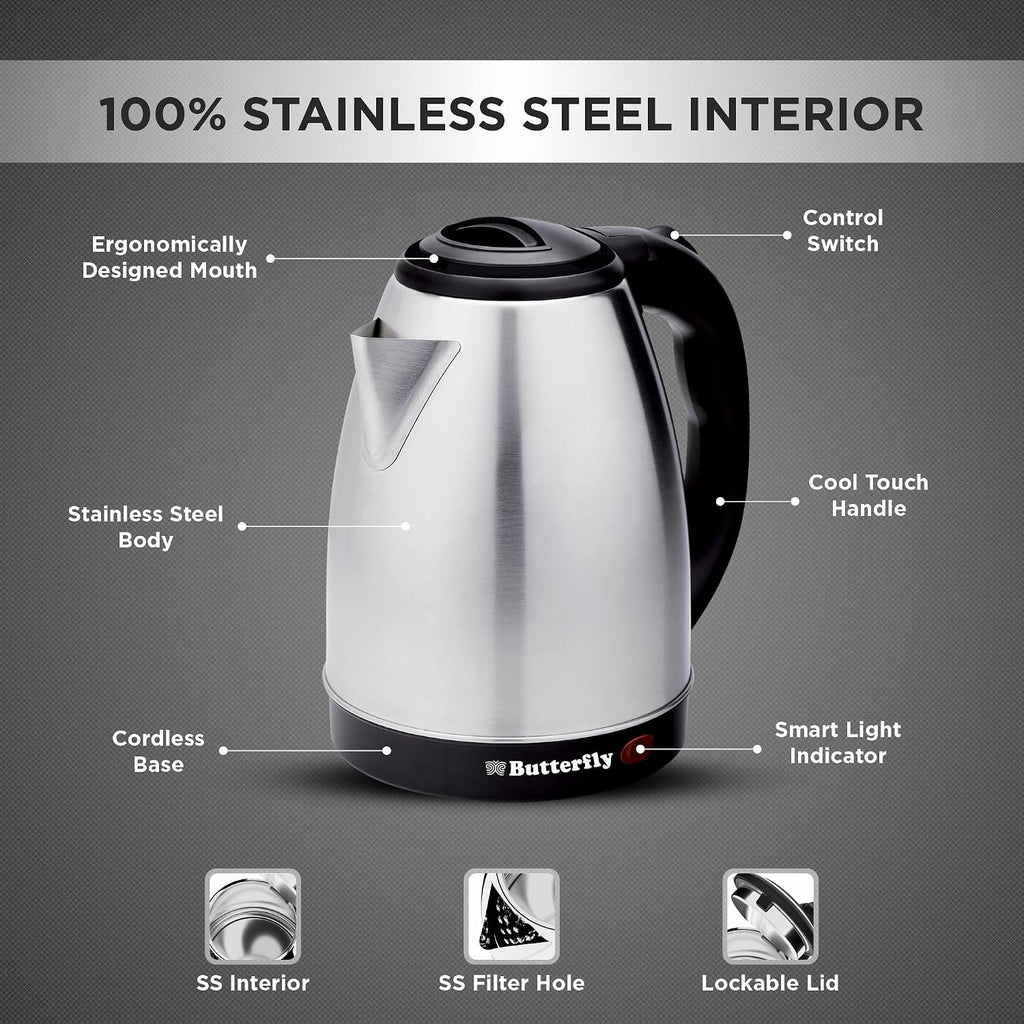 Butterfly Evo Pro 1.5L Electric Kettle | 1350 W | 360 degree Swivel Power Base | Auto Shut Off | For Hot Water, Tea, Coffee, Noodles | Dry Boil Protection